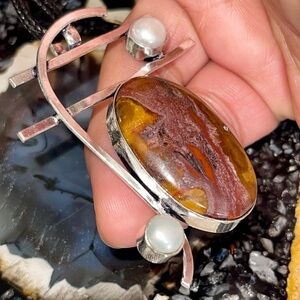 Petrified Wood & Pearls Pendant 2 1/2”
